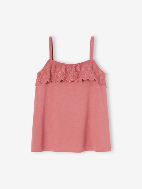 Fille-T-shirt, sous-pull-T-shirt-Débardeur fille fines bretelles avec volants brodés 