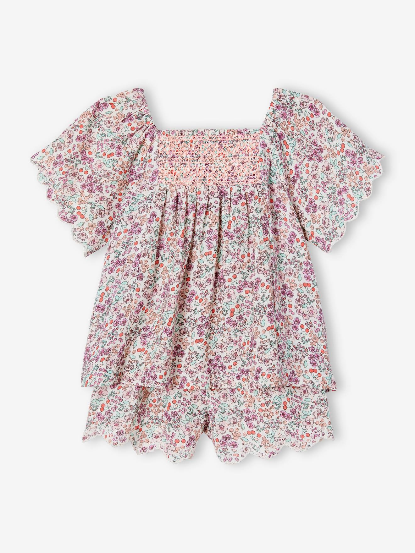 VERTBAUDET Ensemble Fille Blouse à Nouette + Jupe Évasée - Look Rétro Printanier Tendance, Denim Ou Gaze Coton