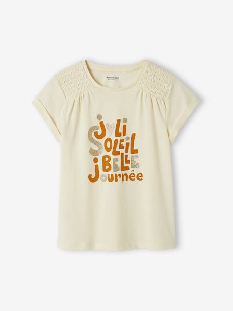 Tee-shirt à message irisé fille épaules smockées écru 1 - vertbaudet enfant 