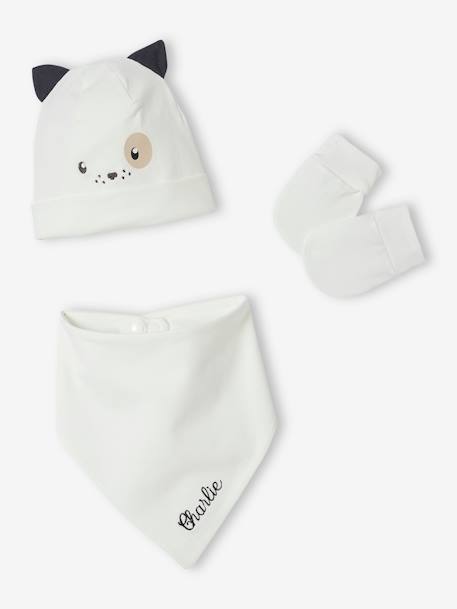 Ensemble chien bonnet + moufles + foulard bébé imprimé personnalisable blanc 7 - vertbaudet enfant 