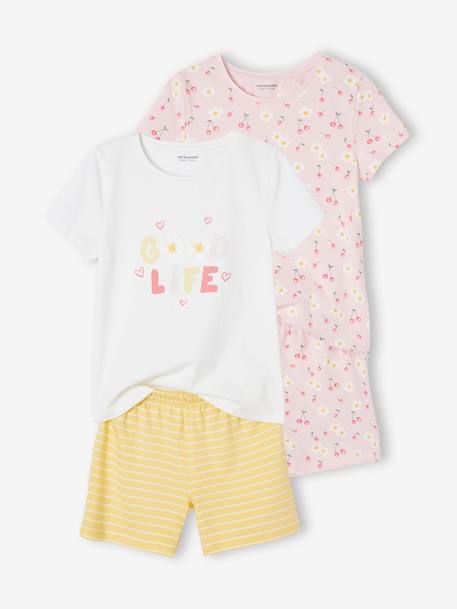 Lot de 2 pyjashorts fille imprimés fleurs et cerises Basics jaune pâle 1 - vertbaudet enfant 