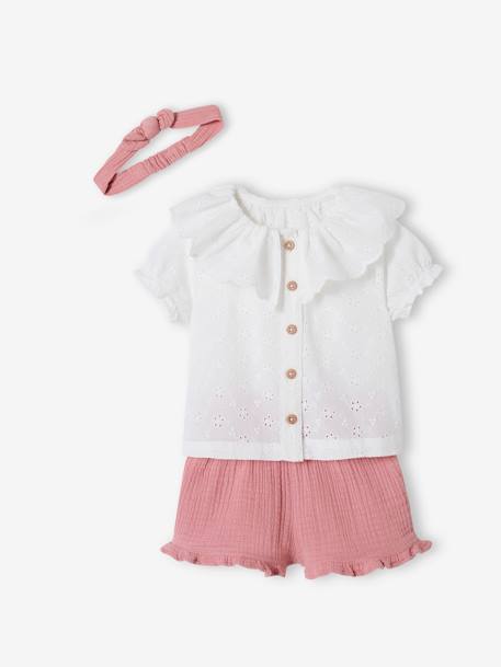 Ensemble 3 pièces bébé blouse brodée, short en gaze de coton et son bandeau assorti rose 1 - vertbaudet enfant 