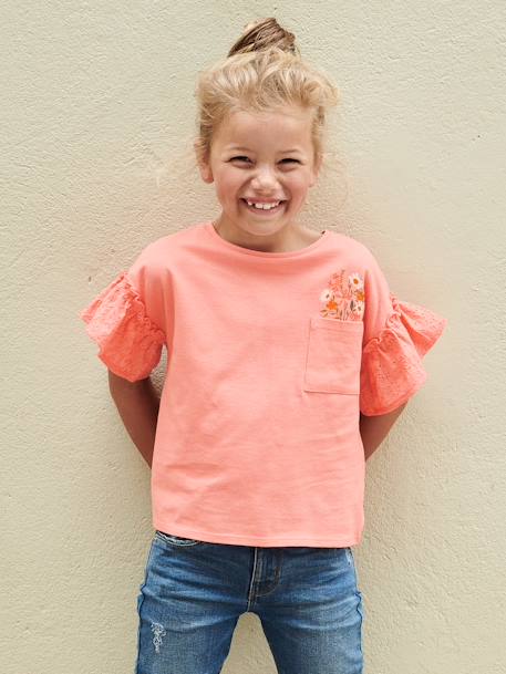 T-shirt manches à volants en broderie anglaise fille écru+pêche 4 - vertbaudet enfant 