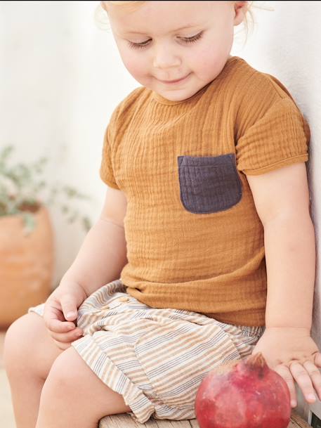 T-shirt bébé bi-matière caramel 1 - vertbaudet enfant 