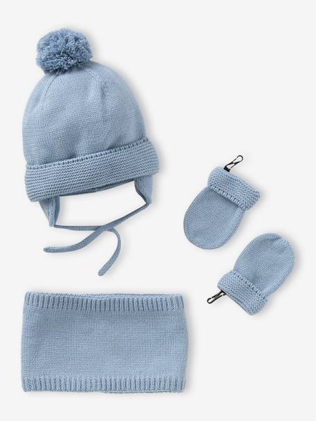 Ensemble bébé garçon bonnet + snood + moufles BASICS bleu grisé 1 - vertbaudet enfant 