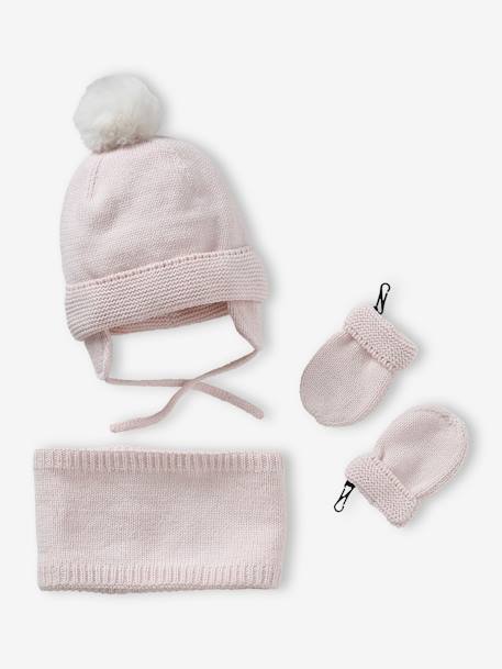 Ensemble bébé fille bonnet + snood + moufles rose pâle 1 - vertbaudet enfant 