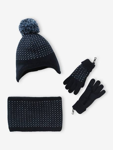 Ensemble bonnet + snood + gants ou moufles en maille jacquard tripoint garçon bleu nuit 1 - vertbaudet enfant 