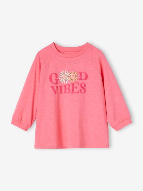 Tee-shirt 'good vibes' animation flatlock velours et fleurs fille rose bonbon 3 - vertbaudet enfant 