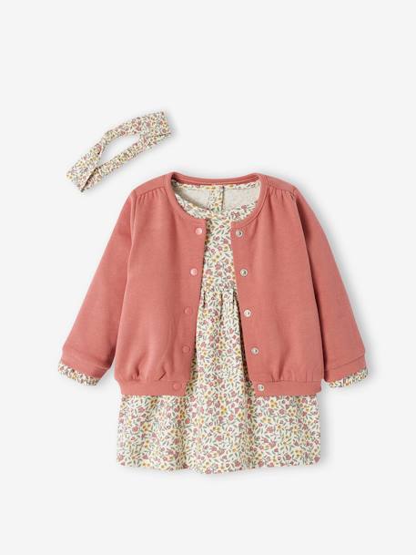 Ensemble bébé fille 3 pièces robe cardigan bandeau bleu grisé+corail+vieux rose 18 - vertbaudet enfant 