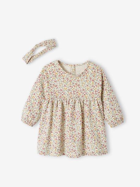 Ensemble bébé fille 3 pièces robe cardigan bandeau bleu grisé+corail+vieux rose 20 - vertbaudet enfant 