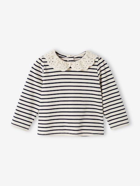 T-shirt col brodé bébé manches longues beige clair+rayé marine 9 - vertbaudet enfant 