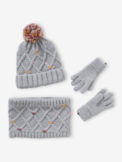 -Ensemble bonnet + snood + gants ou moufles pompons fille