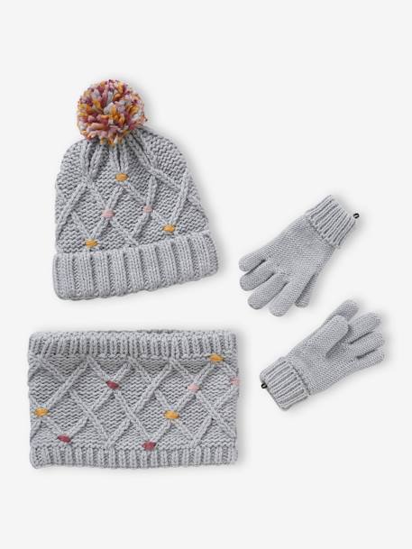 Ensemble bonnet + snood + gants ou moufles pompons fille gris chiné 1 - vertbaudet enfant 