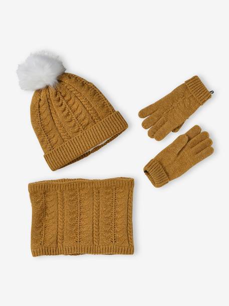 Ensemble bonnet + snood + gants ou moufles en maille torsadée fille écru+moutarde 10 - vertbaudet enfant 