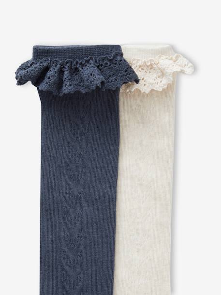 Lot de 2 paires de chaussettes hautes en maille ajourée et dentelle fille Marine + blanc 2 - vertbaudet enfant 