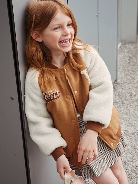 Blouson teddy en lainage et sherpa fille animation en bouclettes camel 1 - vertbaudet enfant 