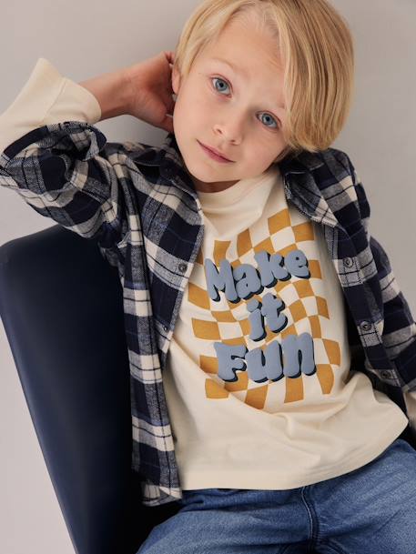 T-shirt à damier message en encre gonflante garçon écru 1 - vertbaudet enfant 