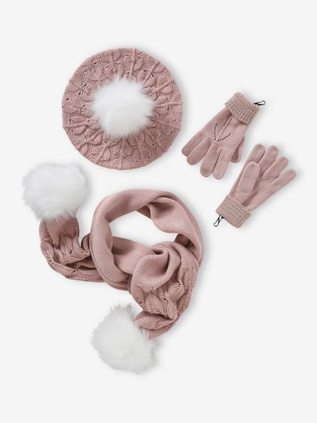 Ensemble béret + écharpes + gants ou moufles en maille ajourée et fourrure fantaisie fille rose poudré 1 - vertbaudet enfant 
