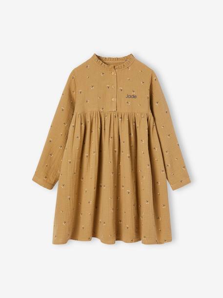 Robe en gaze de coton détails fantaisie fille beige+bleu grisé+bordeaux imprimé+rouge+vert imprimé 2 - vertbaudet enfant 