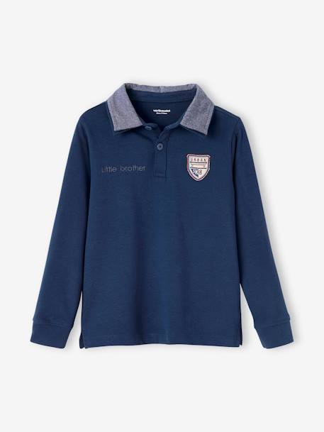 Polo garçon avec badge et col en chambray dark bleu indigo+gris clair chiné 2 - vertbaudet enfant 