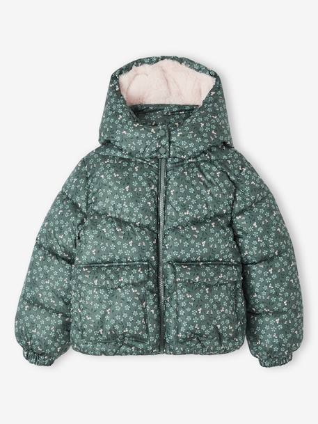 Fille-Manteau, veste-Doudoune à capuche imprimée doublée polaire fille