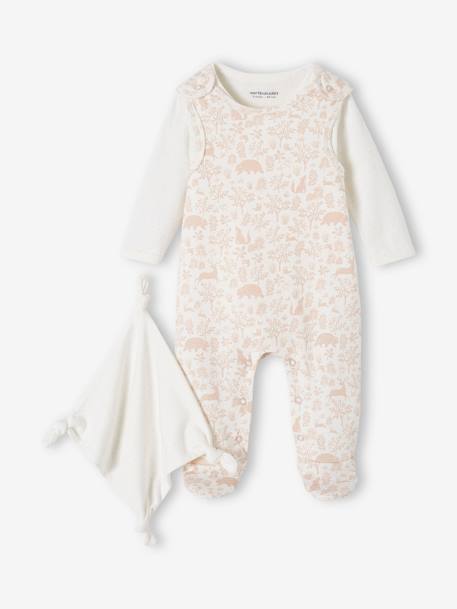 Ensemble naissance 3 pièces : combinaison + body + doudou en coton bio bleu jean+rose poudré 9 - vertbaudet enfant 