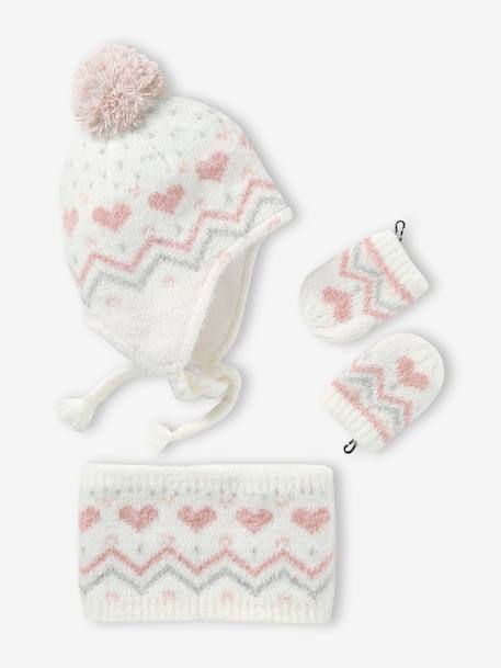 Ensemble bébé fille bonnet + snood + moufles maille jacquard fluffy écru 1 - vertbaudet enfant 