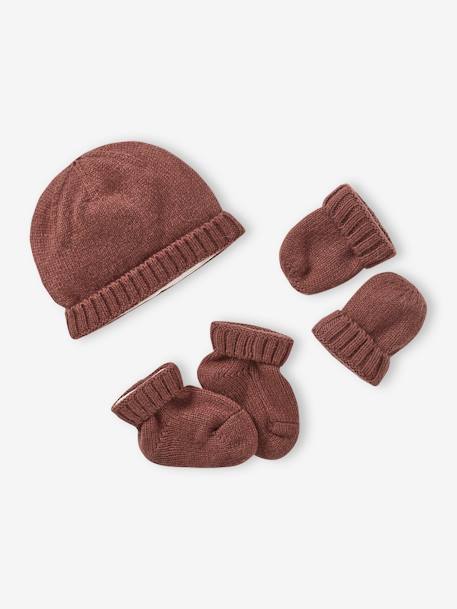 Bébé-Accessoires-Bonnet, écharpe, gants-Ensemble naissance en tricot bonnet + moufles + chaussons