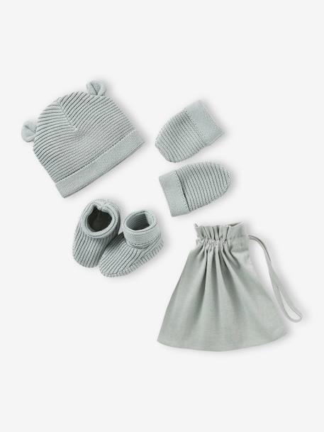 Ensemble bonnet, moufles et chaussons bébé naissance et son sac assorti bleu grisé+écru+marine 1 - vertbaudet enfant 