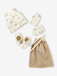 -Ensemble naissance bonnet + moufles + chaussons + pochon