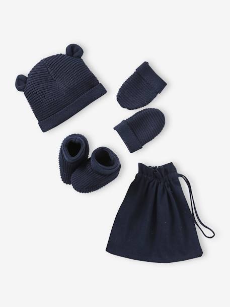 Ensemble bonnet, moufles et chaussons bébé naissance et son sac assorti bleu grisé+écru+marine+vert sauge 9 - vertbaudet enfant 