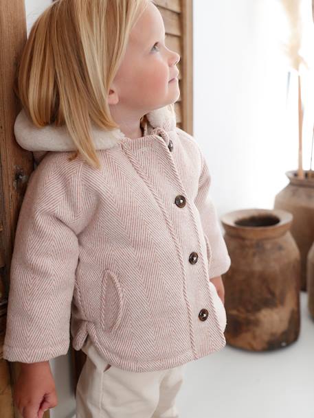 Manteau en drap de laine Bébé doublé de fausse fourrure rose 1 - vertbaudet enfant 