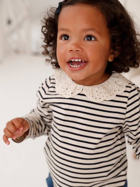 T-shirt bébé col brodé manches longues beige clair+rayé marine+rayé rouge 9 - vertbaudet enfant 