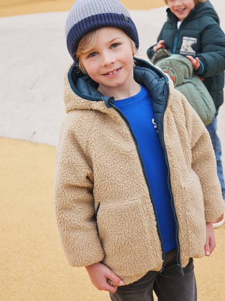 Doudoune à capuche réversible garçon matelassée et sherpa vert sapin 1 - vertbaudet enfant 