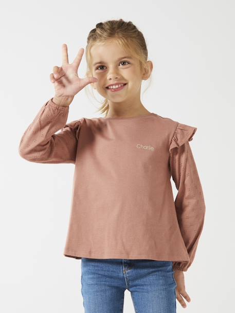 Tee-shirt volanté BASICS fille personnalisable bois de rose+écru+marine 1 - vertbaudet enfant 