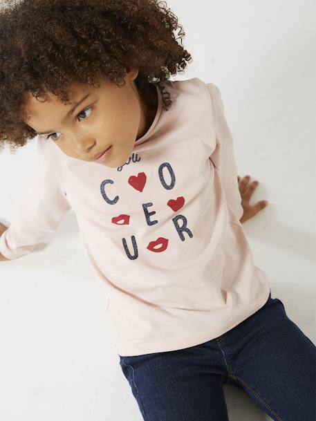 T-shirt Basics message irisé fille manches longues rose poudré 1 - vertbaudet enfant 