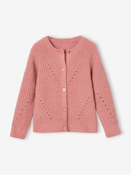 Gilet en maille chenille ajourée fille bois de rose+vert 1 - vertbaudet enfant 