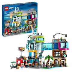 Jouet-LEGO® City 60380 Le Centre-Ville, Jouet de Maquettes avec Salon de Coiffure, Vétérinaire, et Hôtel
