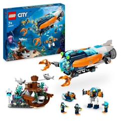 Jouet-LEGO® City 60379 Le Sous-Marin d’Exploration en Eaux Profondes, Jouet avec Plongeur, et Requin