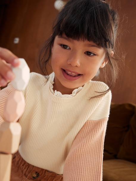 Pull col fantaisie forme loose fille beige poudré+rose bonbon 1 - vertbaudet enfant 