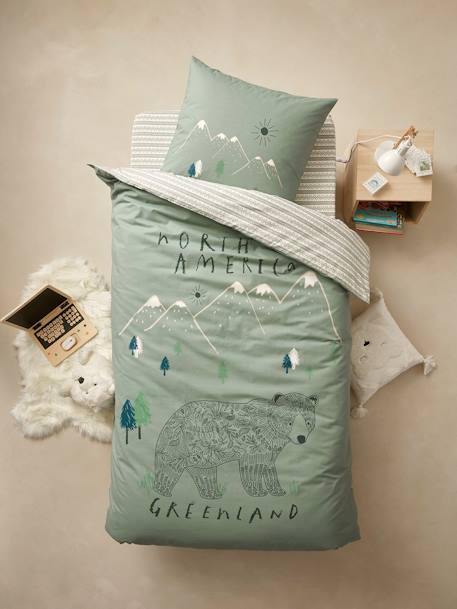 Parure housse de couette enfant et taie d'oreiller avec coton recyclé NOMAD vert imprimé 1 - vertbaudet enfant 