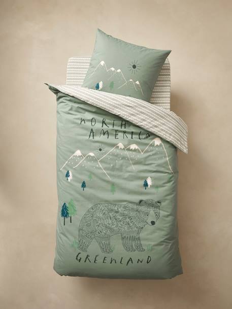 Parure housse de couette enfant et taie d'oreiller avec coton recyclé NOMAD vert imprimé 2 - vertbaudet enfant 