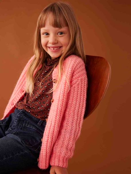 Gilet En Maille Torsadée Pour Fille - Vertbaudet, Col Rond, Manches Longues, Boutons Imitation Corne
