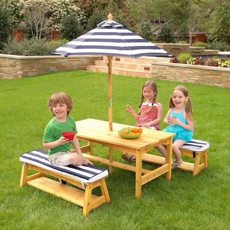 KIDKRAFT - Ensemble de table de jardin en bois et 2 bancs pour Enfant avec parasol,table de pique-nique pour 4 enfants MARRON 2 - vertbaudet enfant 