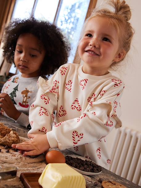 Sweat fille noël coeurs pailletés manches volantées écru+rose poudré 1 - vertbaudet enfant 