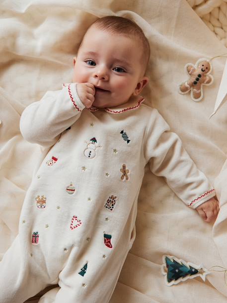 Pyjama de Noël brodé bébé en velours écru 1 - vertbaudet enfant 