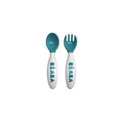 Puériculture-Repas-Vaisselle, coffret repas-Set de 2 couverts ergonomiques 2ème âge - BEABA - Windy Blue - Cuillère et fourchette - Bleu - 8 mois - Bébé