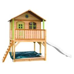 Jouet-Maisonnette AXI pour enfants avec bac à sable et toboggan blanc, aire de jeux pour l'extérieur en marron et vert