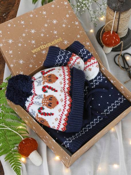 Coffret de Noël 'Renne' bébé garçon ensemble bonnet + snood + moufles marine 1 - vertbaudet enfant 
