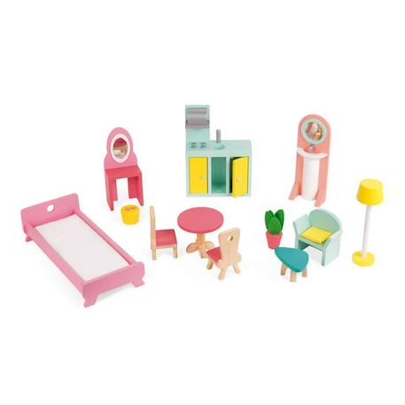 Maison de poupées en bois Happy Day JANOD - Pour enfants dès 3 ans - 3 étages - 12 pièces de mobilier VERT 2 - vertbaudet enfant 